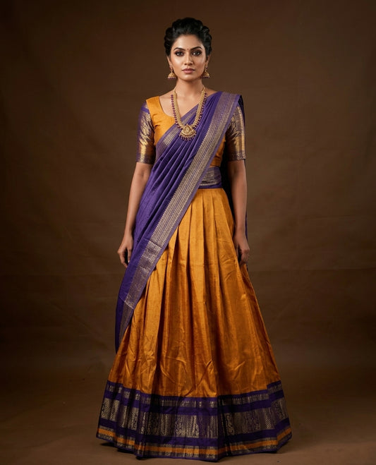 Mustard colour semi stitched Half saree featuring contrast navy blue colour with gold zari traditional border skirt, paired with matching zari border dupatta, unstitched blouse piece