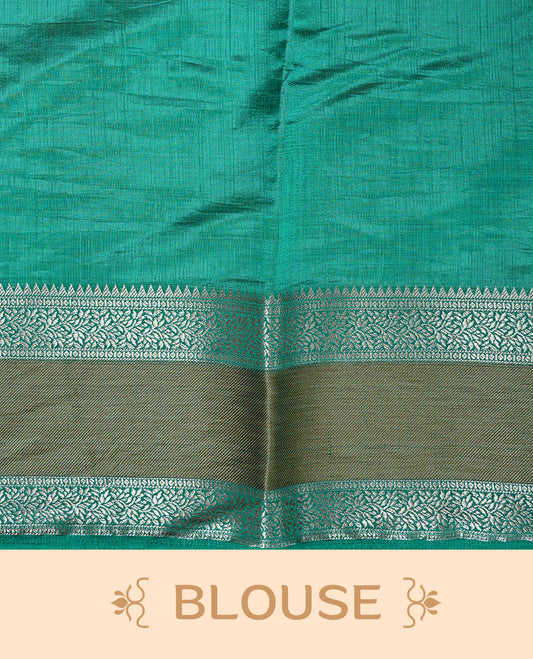 Cream colour semi Tussar silk saree featuring  Elegant body, Complemented by contrast Aqua Green with rich zari detailed for onam special, paired with contrast Blouse for Festive look.