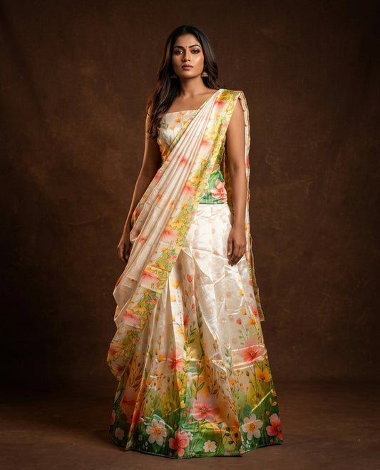Off white colour semi stitched half saree featuring elegant multicolour floral prints, paired with a vibrant floral border and matching printed dupatta ,paired with matching blouse piece.