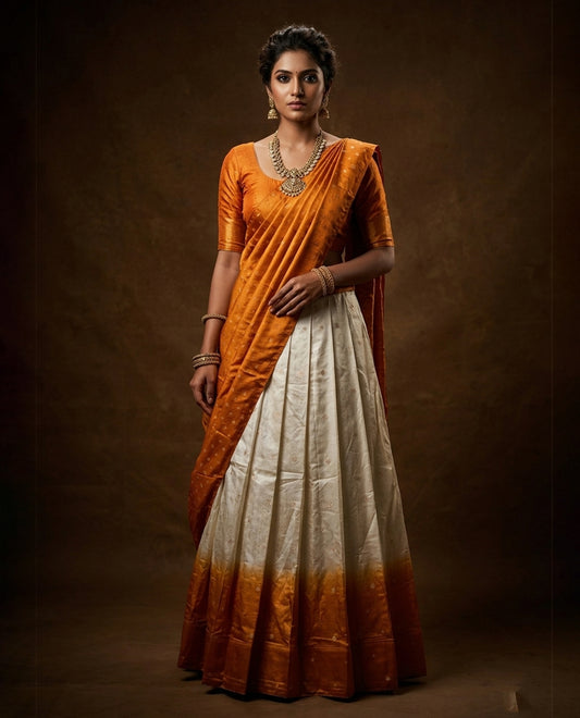 Off White colour half saree material featuring delicate zari buttas on the blouse and skirt, paired with a contrast Mustard zari border and matching zari motifs dupatta