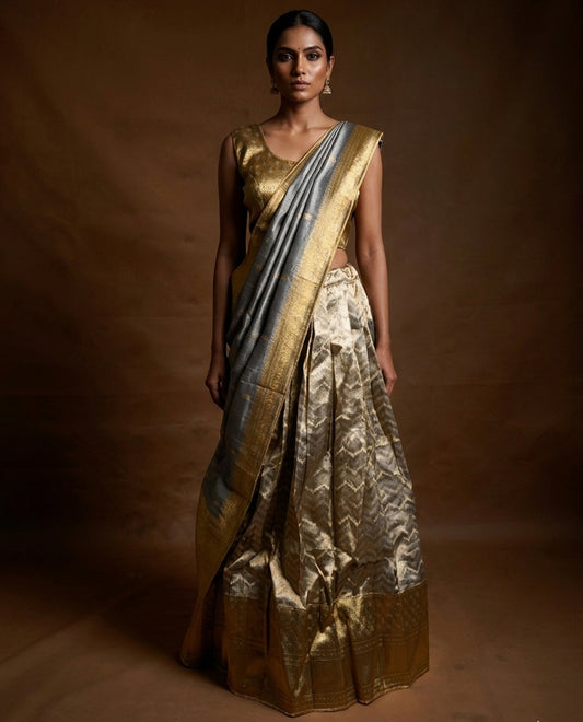 Antique gold colour semi stitched Half saree featuring contrast gold colour with traditional zari border skirt, paired with matching zari border dupatta,stitched blouse piece