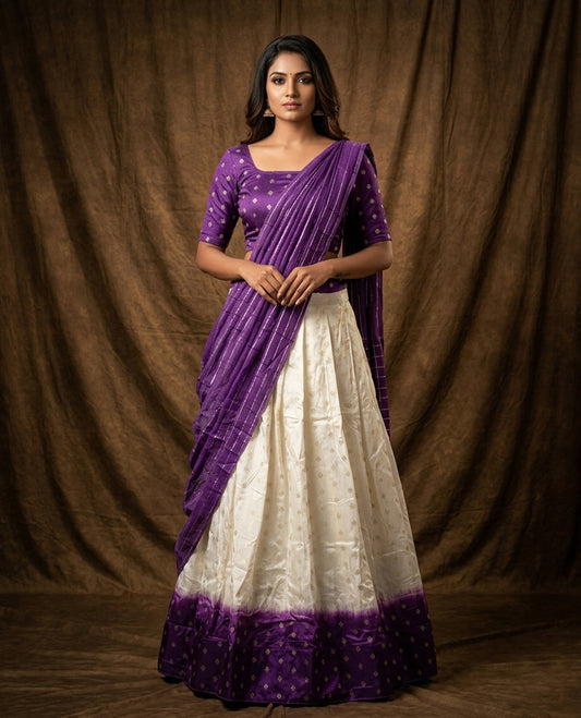 Off white colour semi stitched half saree featuring elegant zari buttas on the body, paired with a contrast purple border and matching striped dupatta,paired with matching blouse piece.