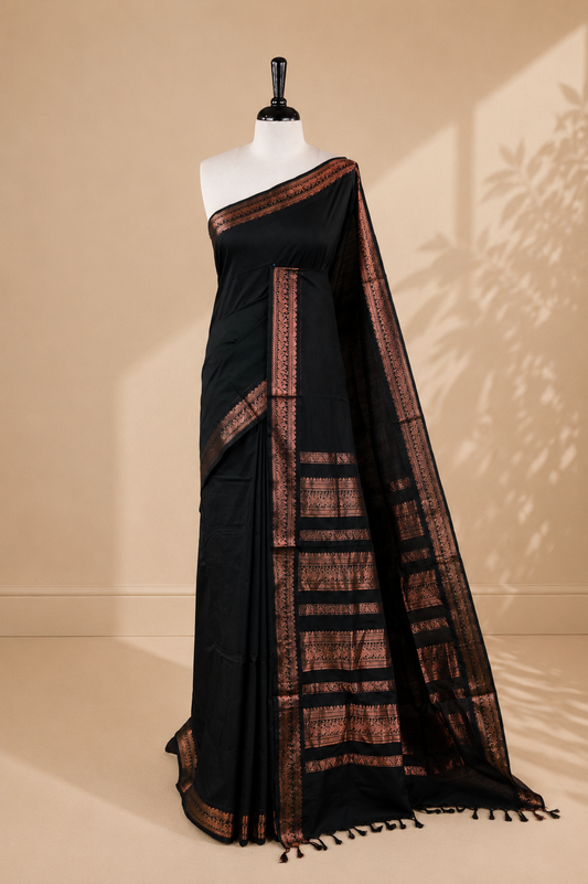 Black colour kalyani cotton saree featuring elegant plain body, complemented by self colour with Antique zari border, paired with matching blouse piece.
