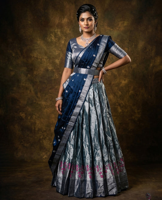 Bluish silver colour Half saree featuring Bluish silver skirt with contrast dark blue colour with silver zari traditional with floral pattern border, paired with matching dupatta, stitched blouse piece.