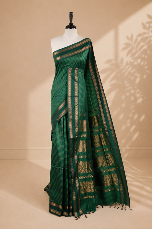 Green colour kalyani cotton saree featuring gold zari check pattern on body, complemented by Self colour with Antique zari border, paired with matching blouse piece.