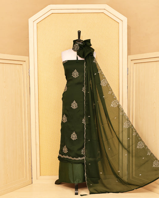 Olive Green colour salwar material featuring Thread with Sequin work on body, paired with matching bottom & dupatta.
