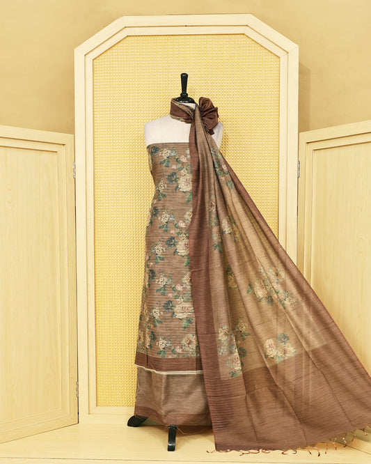 Brown colour Organza Salwar Material with Floral Printed body , matching bottom and a coordinated floral printed dupatta.