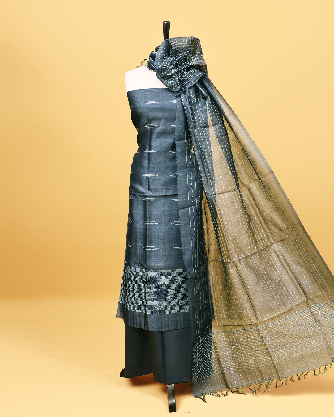 Steel colour Tissue Salwar material with thread work on body, matching bottom & Dupatta.