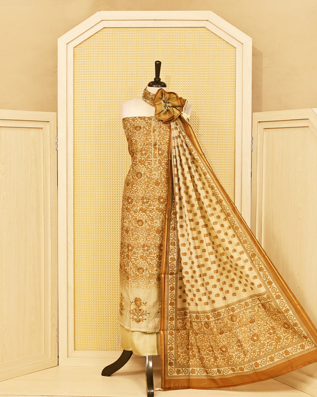Beige & Antique Gold colour mul chanderi Salwar Material with floral printed kurta, solid bottom, and matching floral printed dupatta.