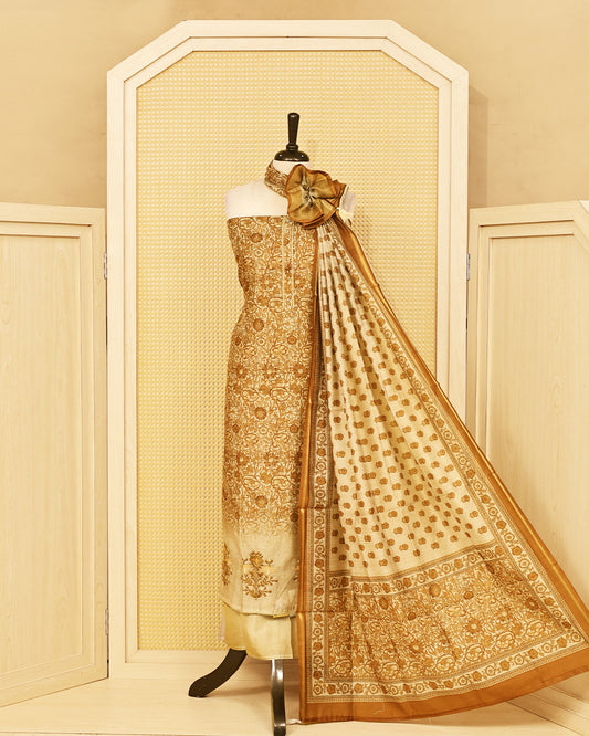 Beige & Antique Gold colour mul chanderi Salwar Material with floral printed kurta, solid bottom, and matching floral printed dupatta.