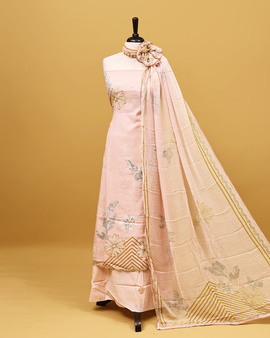 Light Pink colour Linen Salwar material with Thread With print work on body, matching bottom & Dupatta.