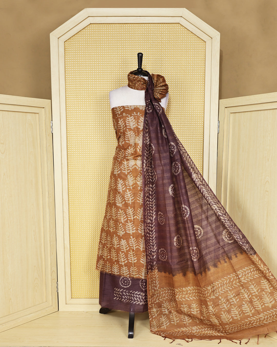 Mustard Brown colour chanderi Salwar Material with leaf printed kurta, wine colour bottom, and contrast wine colour printed dupatta.
