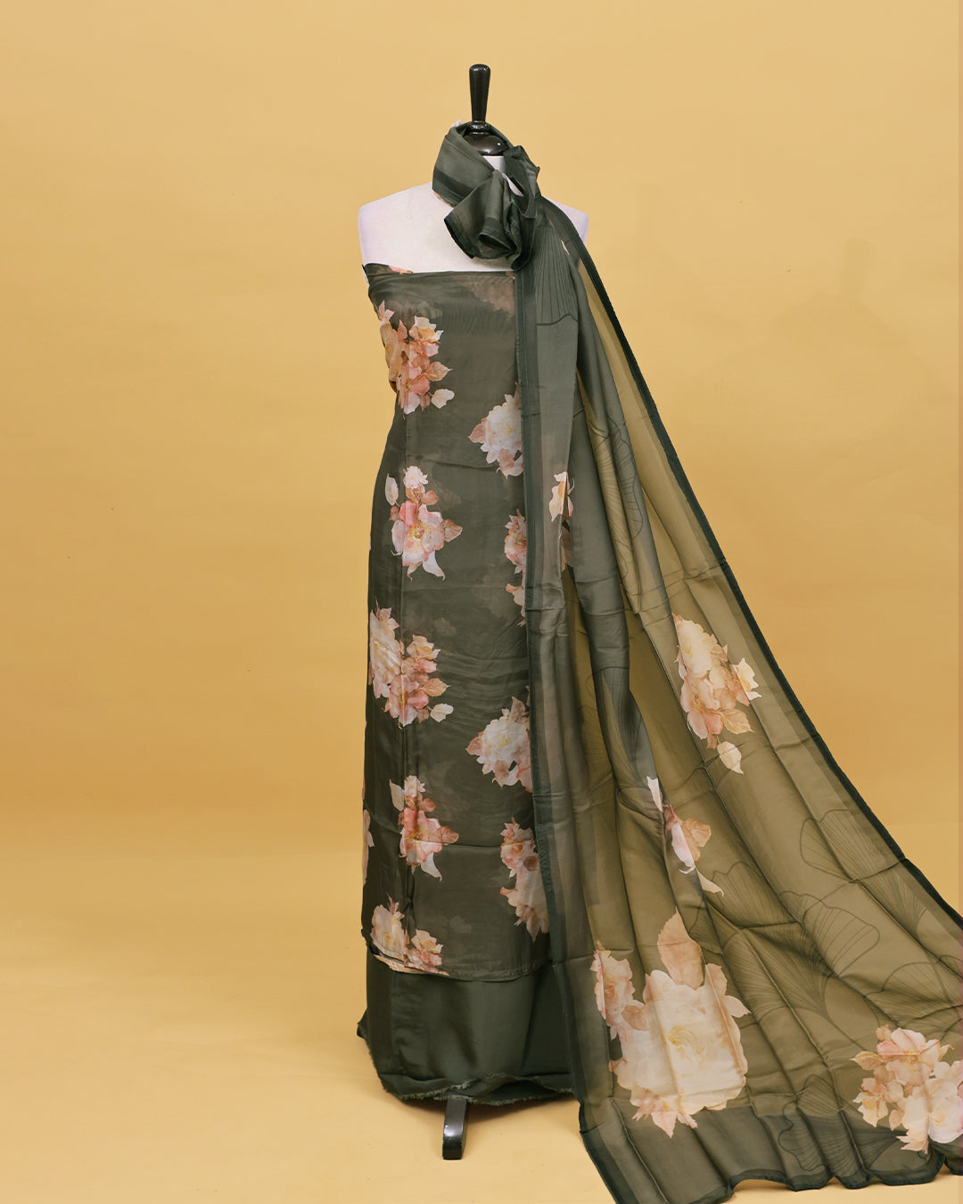 Dark Olive colour Organza Salwar material with Floral print work on body, matching bottom & Dupatta.