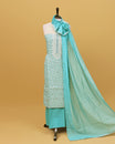 Cream colour Net cotton Salwar material with Green colour floral kodi pattern work on body, matching bottom & Dupatta.