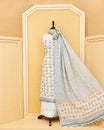 Pastel blue colour linen Salwar Material featuring delightful multicolor butterfly motifs, paired with a classic white bottom and a beautifull dupatta
