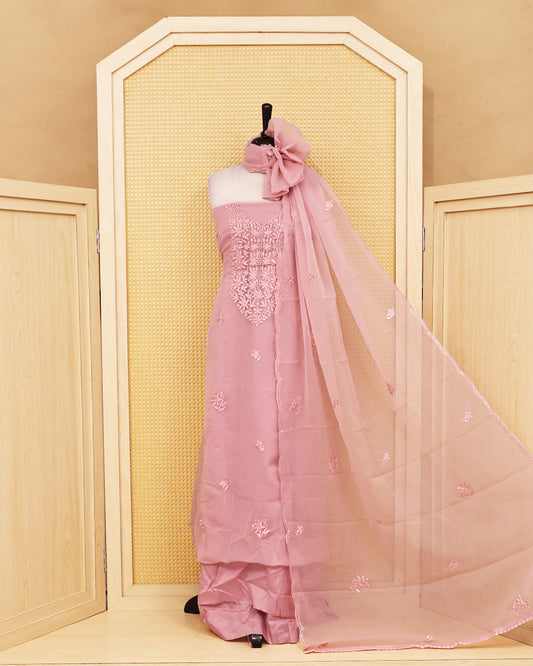 Pastel Pink colour Crush organza salwar material featuring thread work on body, paired with Matching bottom & dupatta.