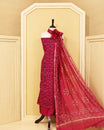 Red colour cotton Salwar Material with striped printed kurta, solid bottom, and matching printed dupatta.