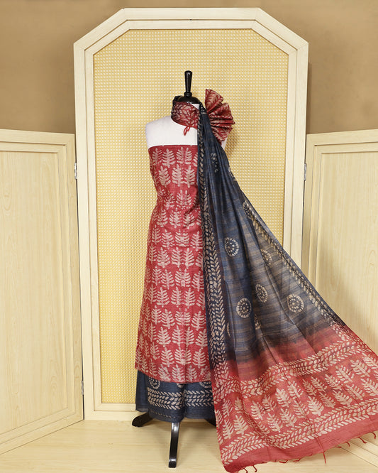 Light red colour chanderi  Salwar Material with leaf print kurta, contrast greyish blue bottom, and matching printed dupatta.