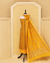Mustard Yellow colour Cotton Salwar Material featuring elegant ikat inspired vertical stripes on the kurta, paired with a matching solid bottom and a beautifully printed dupatta