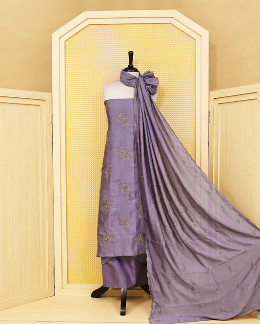 Lavender colour Vijitra silk Salwar Material featuring elegant floral embroidery on the kurta, paired with a matching bottom and a self coloured embroidered dupatta.