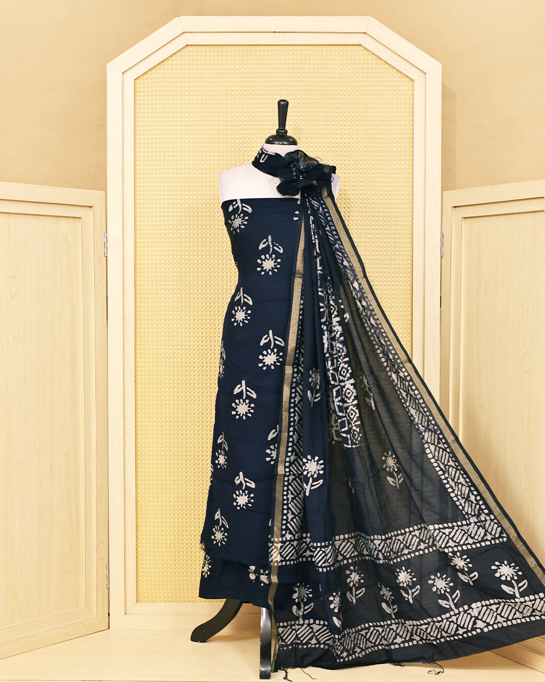 Navy blue colour chanderi Salwar Material with floral printed kurta & matching bottom and printed dupatta.