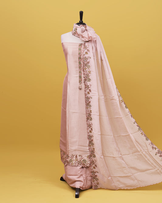 Pastel Pink colour Organza Salwar material with Thread work on body, matching bottom & Dupatta.