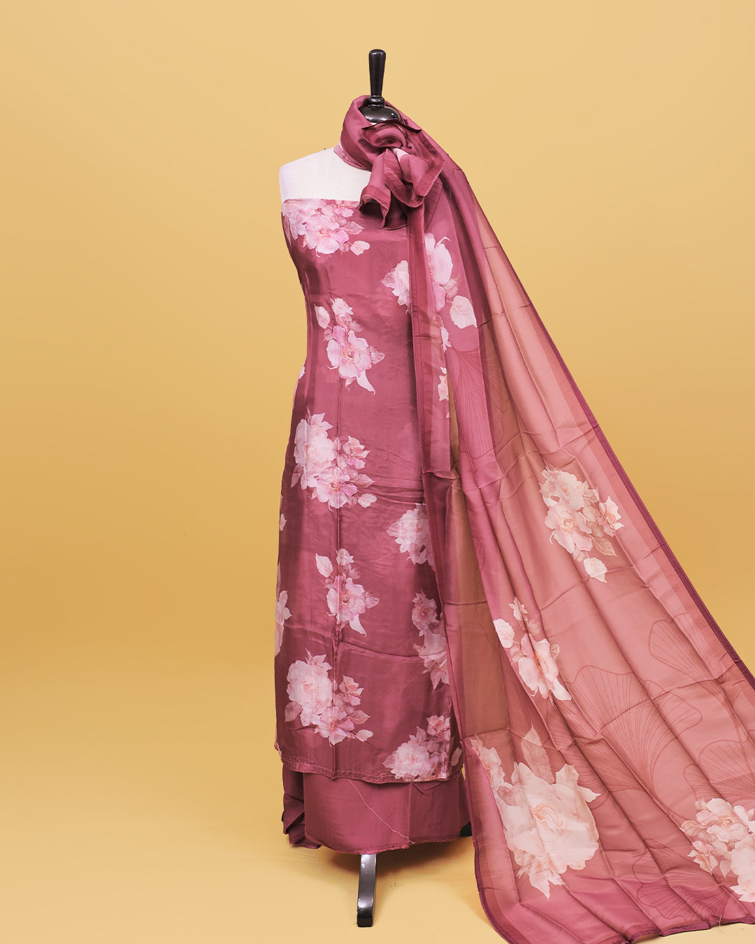 Mauve colour Organza Salwar material with Floral print work on body, matching bottom & Dupatta.