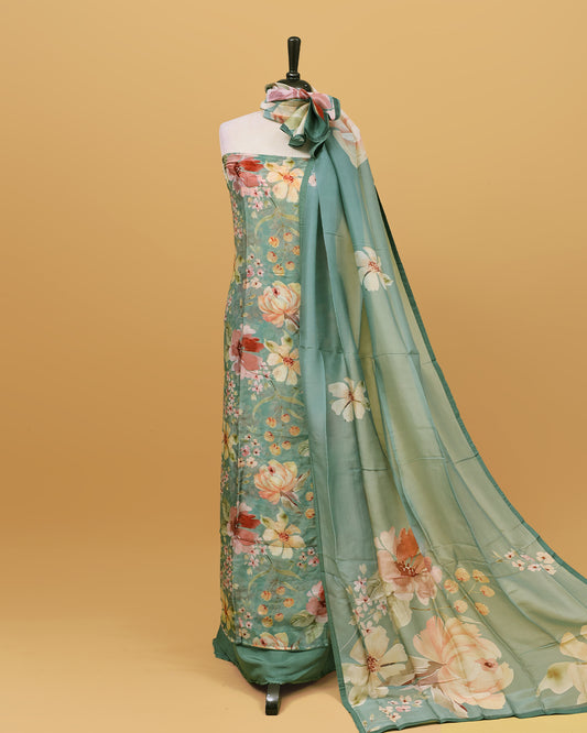 Sage colour Organza Salwar material with Floral print work on body, matching bottom & Dupatta.