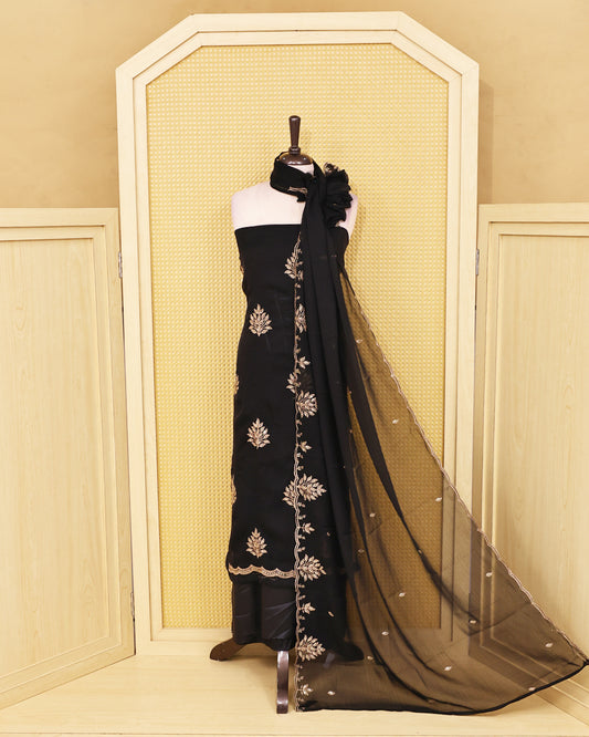 Black colour georgete Salwar Material with embroidered kurta, solid bottom, and matching embroidered sheer dupatta.
