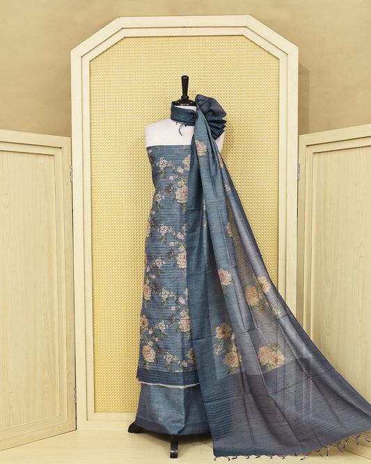 Greyish Blue colour Organza Salwar Material featuring elegant floral digital prints on the kurta, paired with a matching bottom and a self coloured floral printed dupatta.