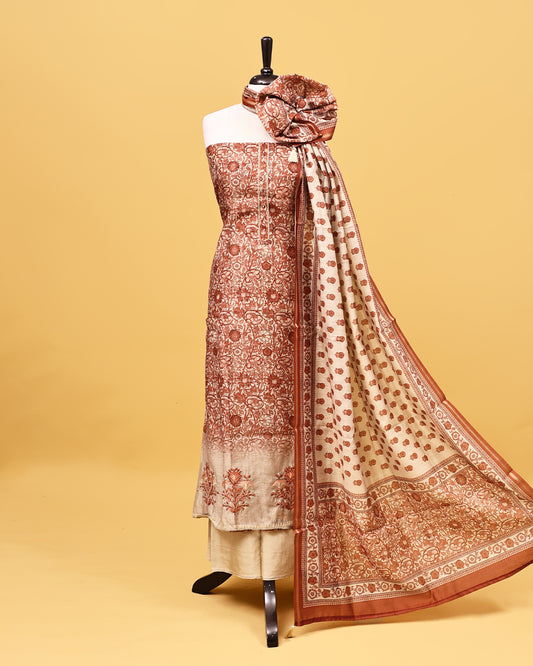 Brown colour Salwar material with Floral kodi pattern on body, matching bottom & Dupatta.