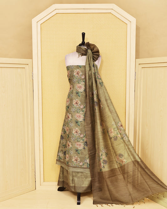 Light Olive colour Organza Salwar Material featuring elegant floral digital prints on the kurta, paired with a matching solid bottom and a graceful plain dupatta.