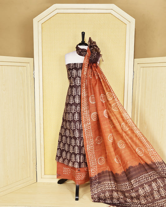Brown colour chanderi Salwar Material with Printed  body, a matching printed bottom and a contrast rust printed dupatta