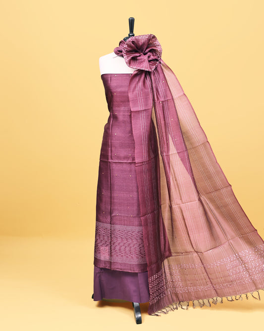 Wine colour Tissue Salwar material with thread work on body, matching bottom & Dupatta.