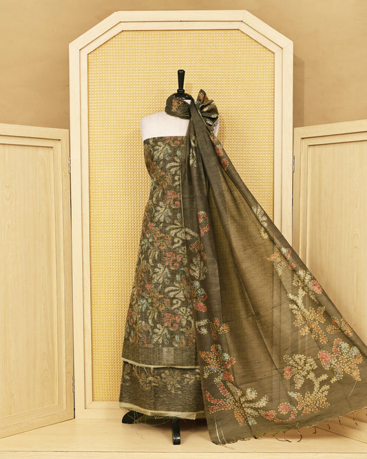 Olive Brown colour organza Salwar Material featuring elegant floral prints on the kurta, paired with a matching bottom and a self coloured printed dupatta.
