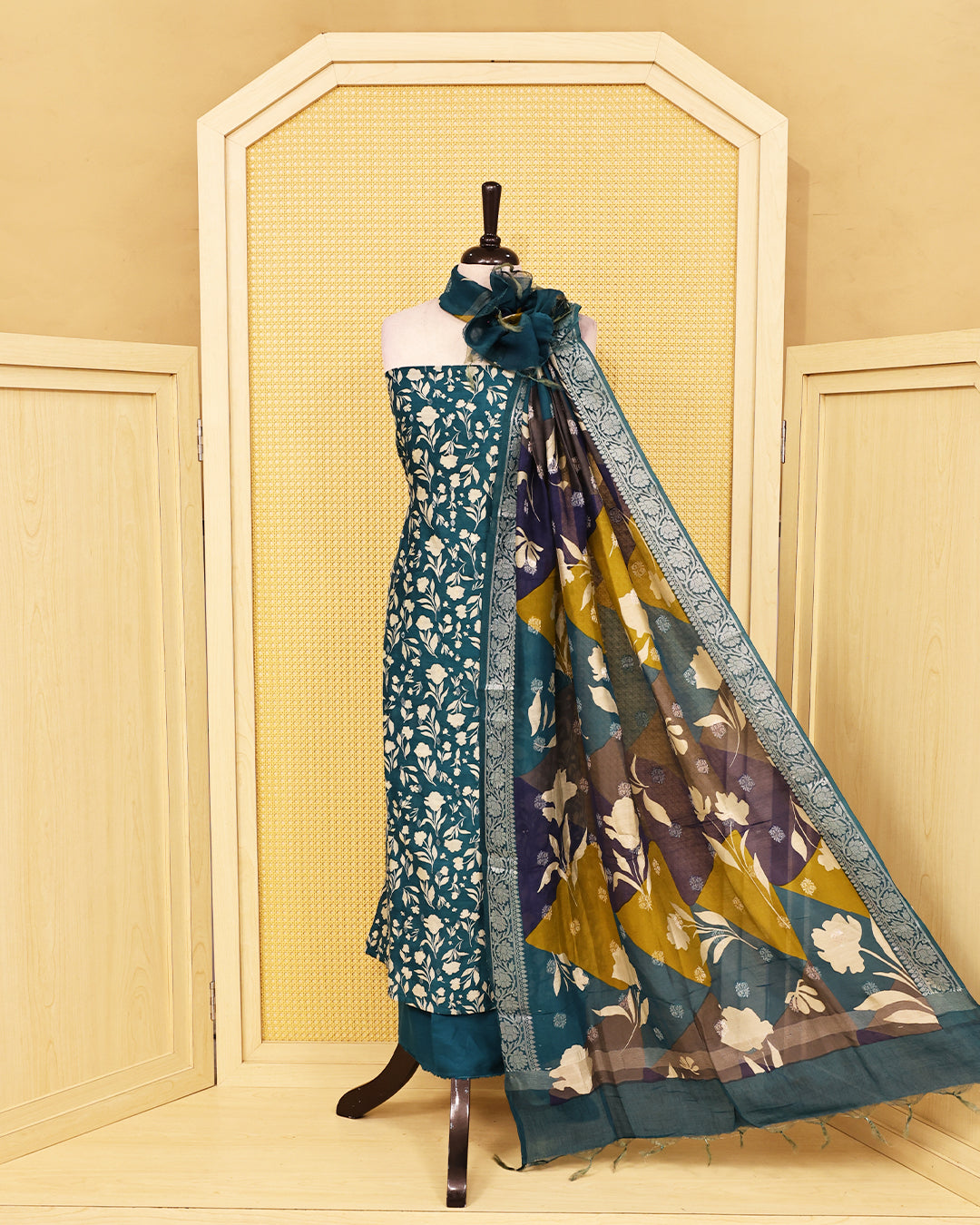 Teal Green colour chanderi Salwar material Floral print on body, paired with matching bottom & Dupatta.