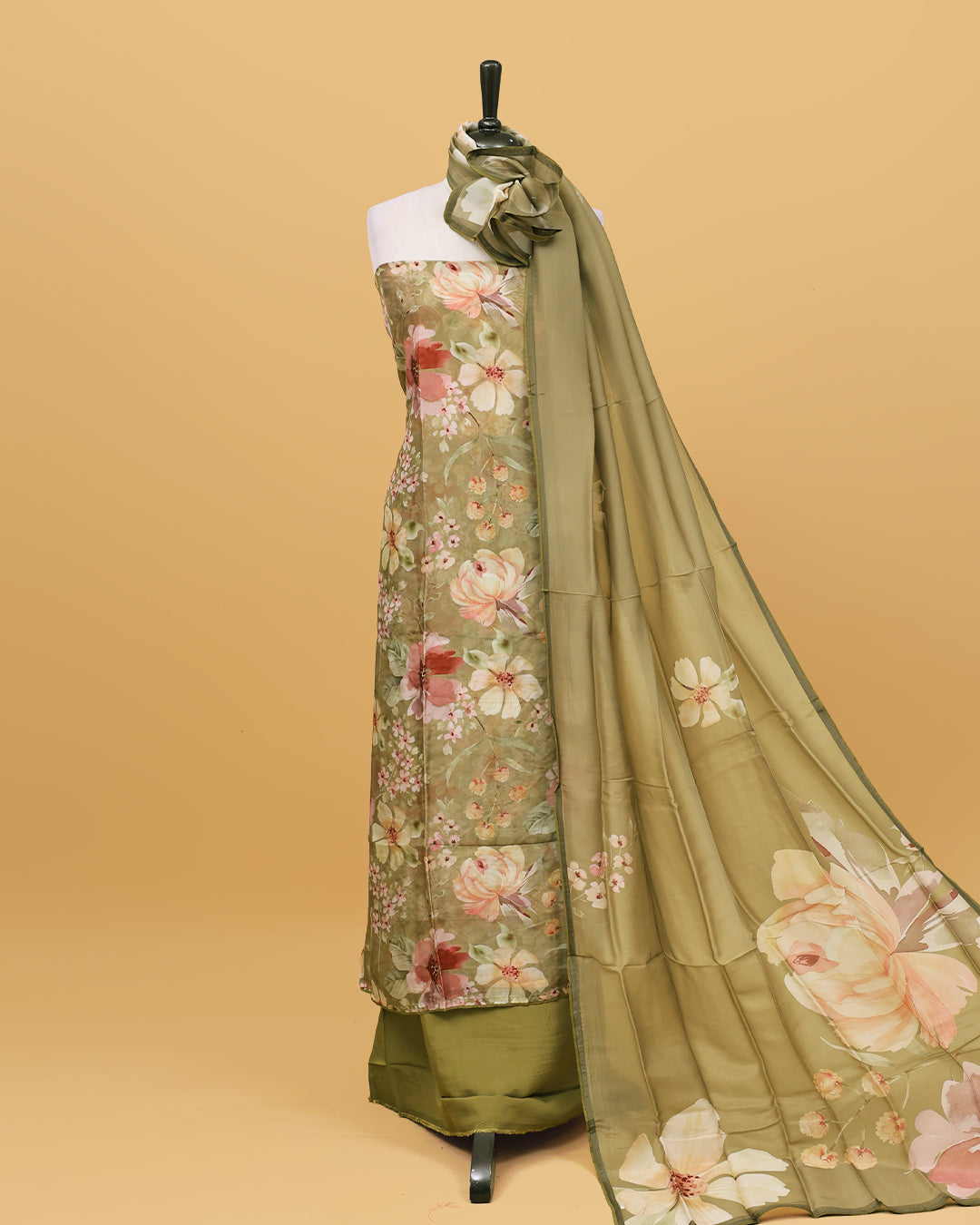 Olive colour Organza Salwar material with Floral print work on body, matching bottom & Dupatta.