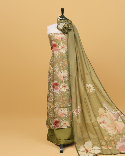 Olive colour Organza Salwar material with Floral print work on body, matching bottom & Dupatta.
