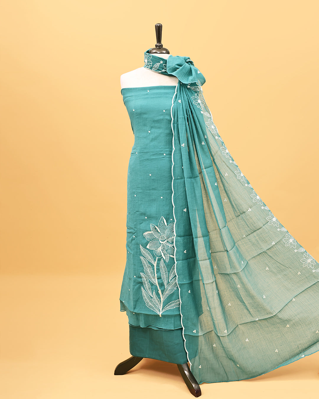 Pastel Teal colour Salwar material with Thread & sequin work on body, matching bottom & Dupatta.