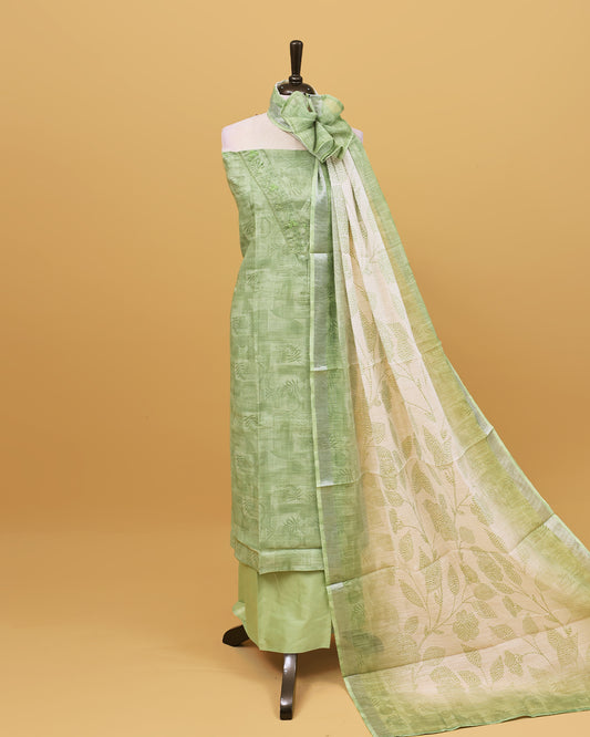 Pastel Green colour linen Salwar material with Thread & Beats work on body, matching bottom & Dupatta.