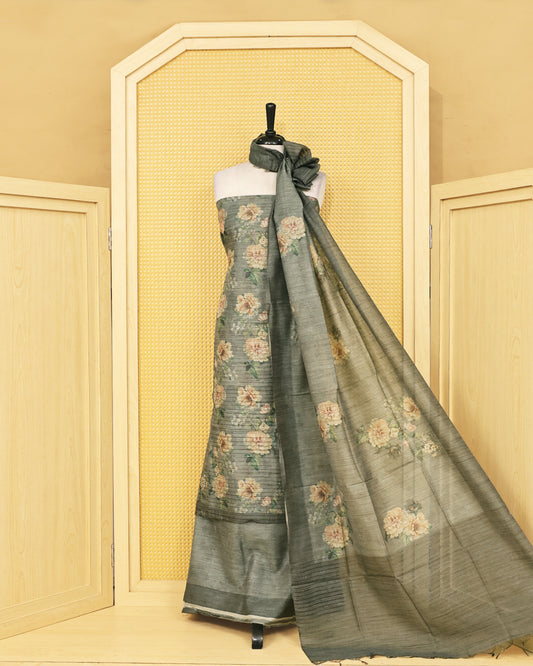 Grey Colour organza salwar material Featuring floral printed kurta with a matching dupatta for a graceful everyday look.