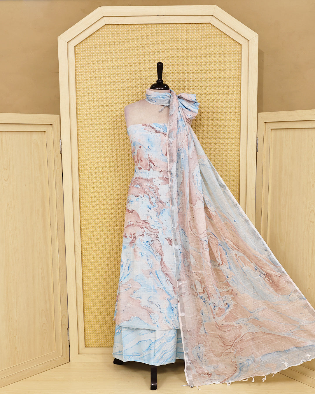 Pastel Blue & Blush Marble colour Linen  Salwar Material with a matching printed bottom and a coordinated lightweight dupatta