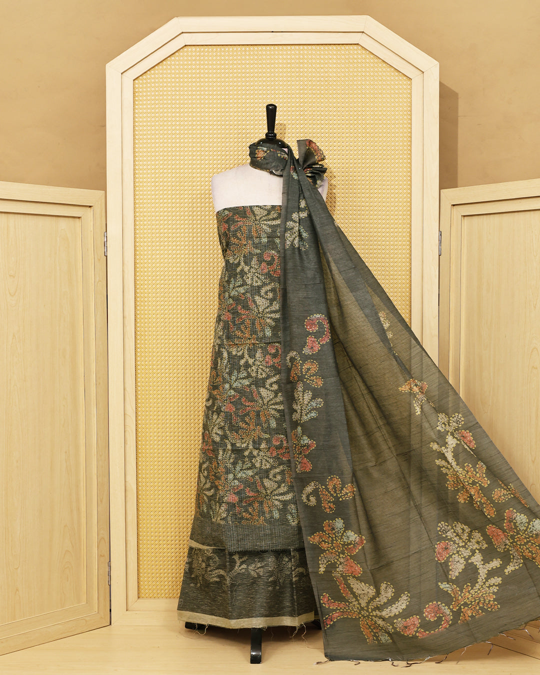 Black Olive colour organza Salwar Material featuring Floral Printed kurta with a matching bottom and a coordinated floral printed dupatta