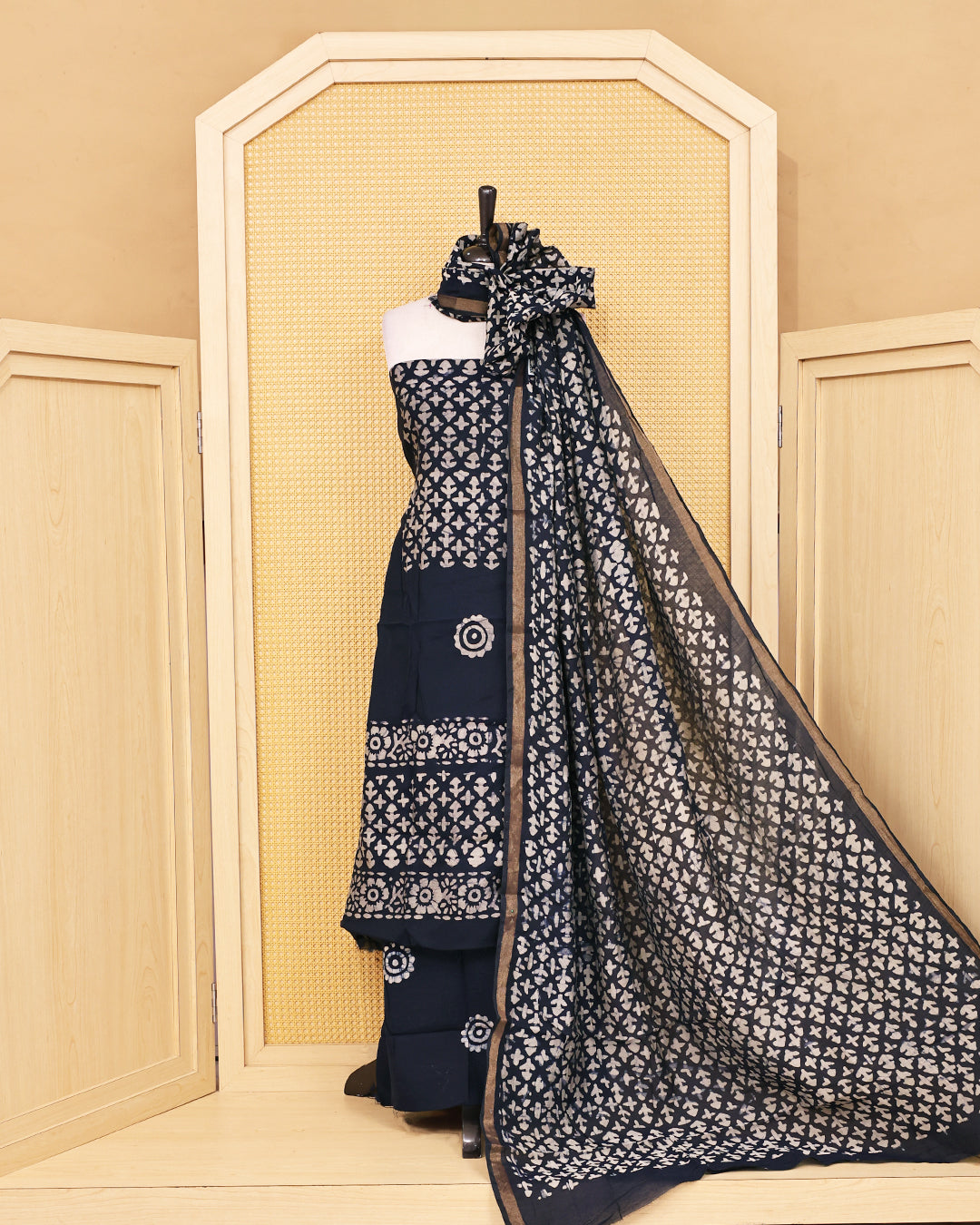 Navy Blue colour chanderi Salwar material Floral print on body, paired with matching bottom & Dupatta.