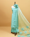 Sage Green colour Appliqué Salwar material with Plain body, matching bottom & Applique design on Dupatta.