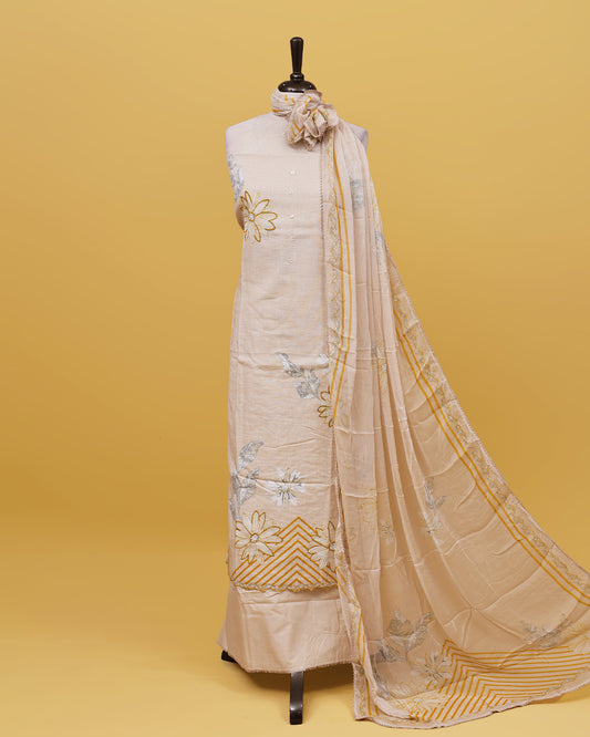 Light Yellow colour Linen Salwar material with Thread With print work on body, matching bottom & Dupatta.