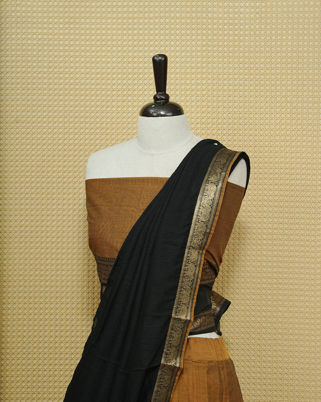 Mustard Colour chettinad cotton Semi stitched dhavani set featuring Contrast Black with Gold zari border skirt, comes with Matching blouse piece & dupatta.
