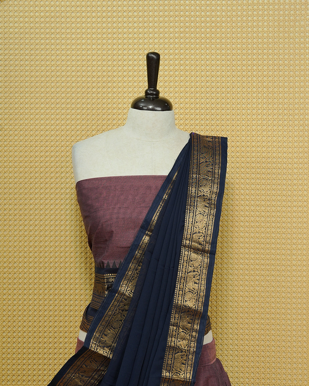 Pinkish grey colour Chettinad Semi Stitched dhavani set Featuring contrast Navy blue with Gold zari border on skirt, Contrast Blouse & matching dupatta.
