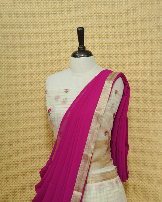 Cream colour Semi stitched Dhavani set featuring Gold zari checked pattern with floral motifs on skirt with traditional border, comes with contrast Colour Dupatta & matching blouse piece.