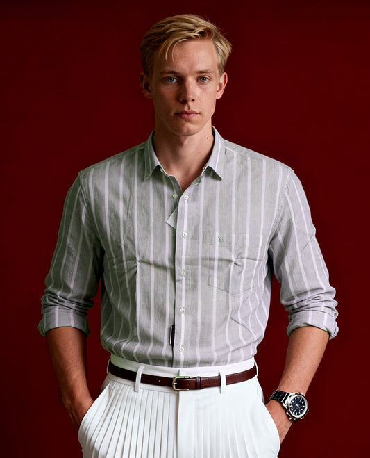Light green colour full sleeve shirt featuring vertical white stripes for a clean, slimming look & Styled with a classic collar, button down front, and chest pocket.